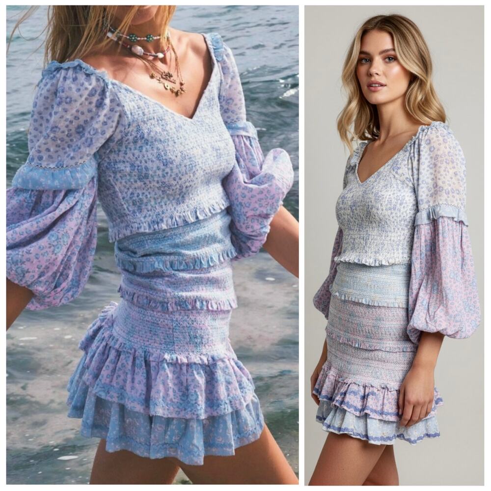 LoveShackFancy Ensley Medium Cottagecore Floral Pink Blue Smocked Mini Dress